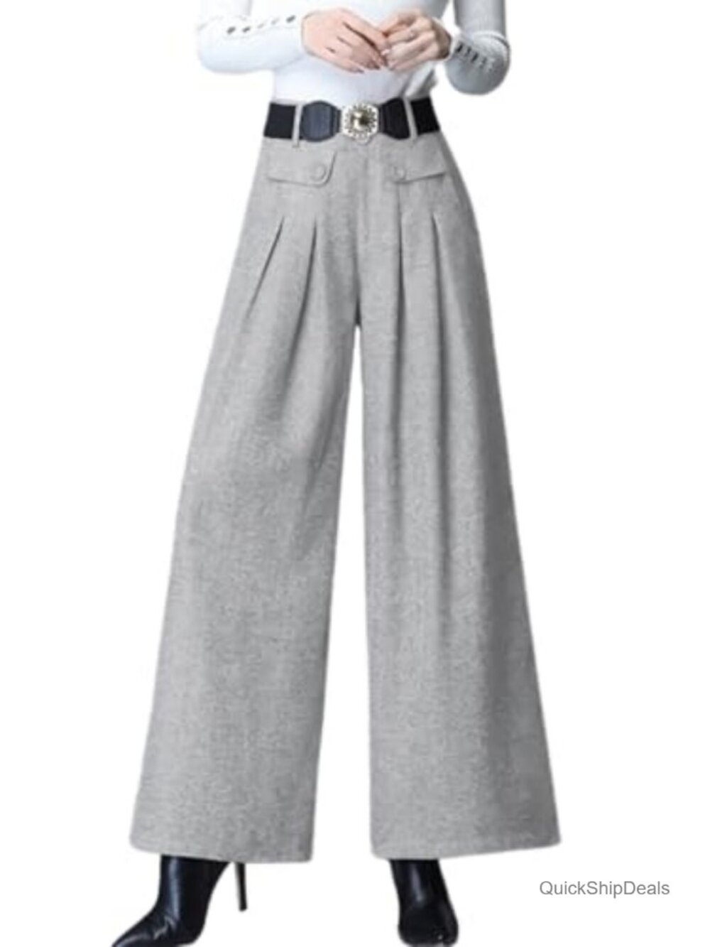 Women's Wide Leg Wool Blend Pants High Waisted Pleated Baggy Trousers